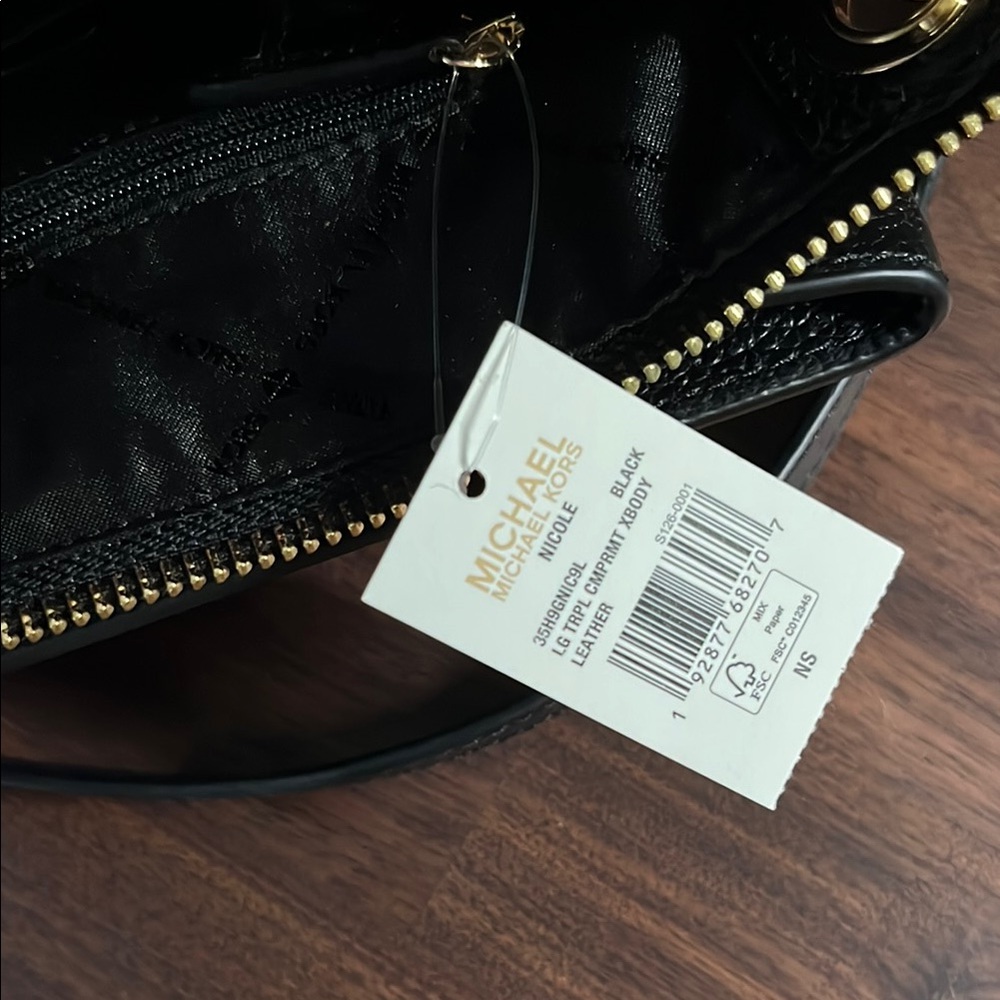 NWT Michael Kors Nicole Large Triple Compartment Black Leather Crossbody Bag - Picture 2 of 5